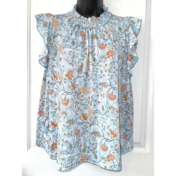 MELLODAY Tops - Melloday Women's Blue Floral Flutter Sleeve Top